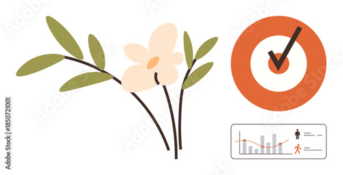 Blooming flower stem, orange target with checkmark, and graph with human icons. Ideal for growth, success, goals, achievement, nature, progress data and simple flat metaphor