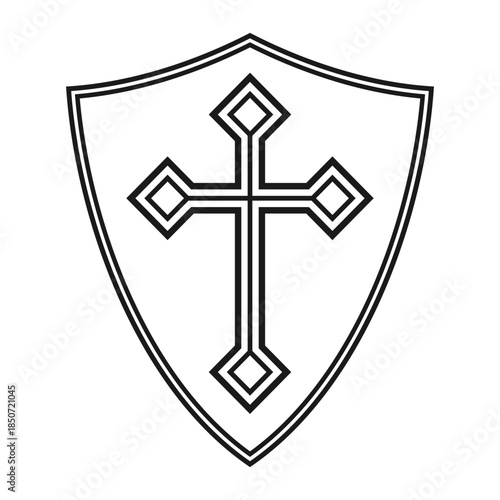Shield with cross icon. Coat of arms christianity symbol. Heraldry crusade logo sign. Vector illustration image.