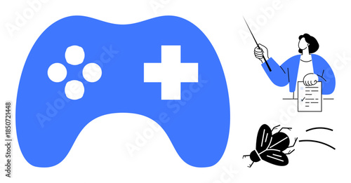 Blue controller beside teacher holding a pointer and paper, flying bug highlights debugging. Ideal for gaming, teaching, problem-solving, teamwork, coding, education innovation. Simple flat metaphor