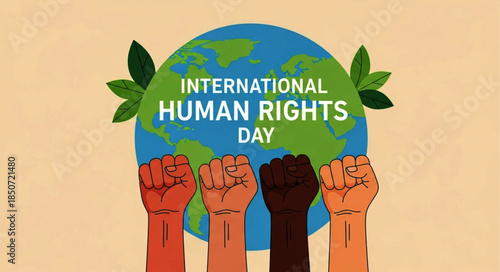 Diverse Fists Raised in Solidarity for International Human Rights Day Celebration.