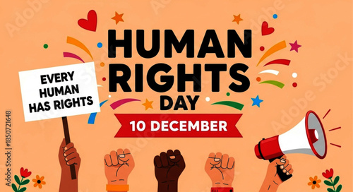 Colorful Human Rights Day Illustration with Diverse Hands and Text