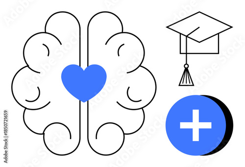 Education concept. Brain, heart, graduation cap, and plus symbol highlight the value of education. Education supports knowledge, emotional intelligence, and growth. For learning health goals