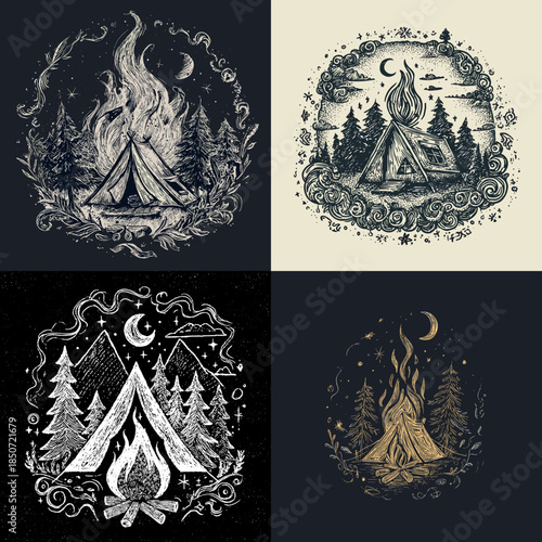 Engraved style campfire emblems featuring tents forests and flames creating a rustic outdoor adventure mood inspired by camping survival and wilderness life.