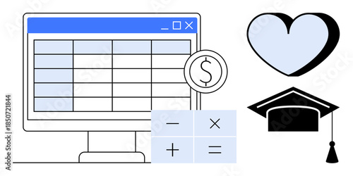 Financial planning, education, budgeting, career growth, online tools, academic investment. A digital spreadsheet, dollar icon calculator heart and graduation cap. Financial planning and education
