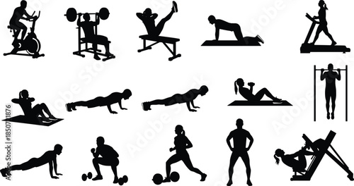 Fitness workout silhouette collection with gym exercises, cardio and strength training poses, athletic body movement vector set for health and sports design