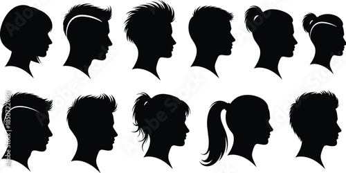 Male and female hairstyle silhouette collection, modern haircuts and profiles, barber style illustration set, fashion head shapes vector graphic bundle