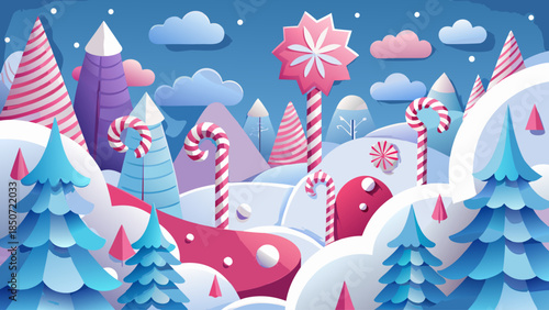 Pastel paper cut winter scene with stylized white fir trees, floating candy canes, red ornaments, and layered cloud shapes, evoking a whimsical and modern Christmas atmosphere