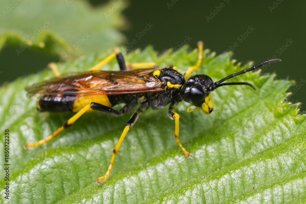 Fototapeta premium Closeup on a colorful black and yellow colored Greater Girdled Sawfly, Tenthredo maculata