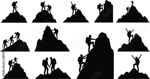 Mountain climbing silhouette set with hikers helping each other, teamwork adventure poses, summit success, outdoor trekking vector collection for travel design