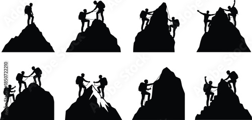 Mountain climbing silhouette collection featuring hikers helping each other, teamwork adventure poses, extreme outdoor sports vector set for exploration and travel design