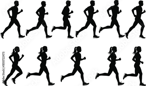 Running silhouette collection of men and women, athletic jogger poses, fitness activity illustration pack, sports motion graphic bundle