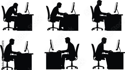 Office worker computer silhouette collection, desk job typing posture set, professional sitting positions, workplace monitor illustration, corporate workstation graphic bundle