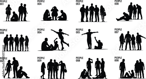 Silhouette groups of people standing, sitting, talking, and interacting, diverse human poses collection, casual lifestyle moments and social activity illustration