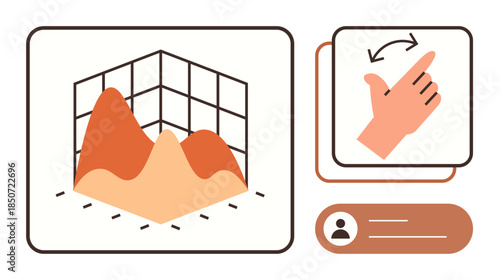 3D graph highlighting data analysis with a hand performing swipe gesture. User profile card included. Ideal for technology, data interaction, user interface, analytics, innovation, business, modern
