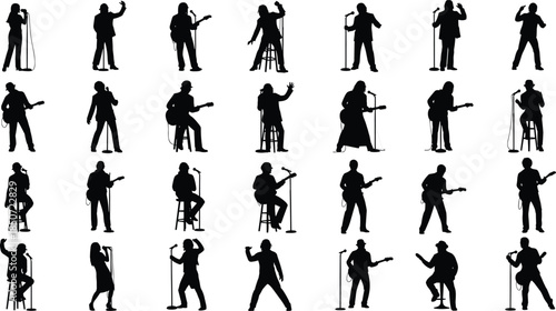 Singer and musician silhouette collection, performing with microphone and guitars, concert stage poses, music artist illustration set, band performance graphic bundle