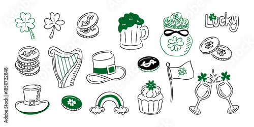A set of hand-drawn St. Patrick's Day vector elements, including shamrocks, gold coins, a harp, a hat, a mug of beer, and a lucky rainbow.