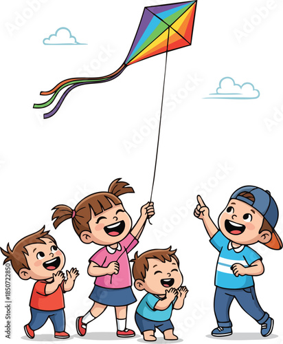 Four cartoon children playing with a colorful kite in a bright sky with fluffy clouds, conveying a joyful and carefree mood.