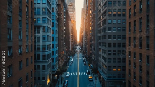 Golden Hour Sunlight Illuminates New York City Street Lined With Tall Buildings