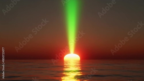 Sunset Over Ocean With Green Light Beam