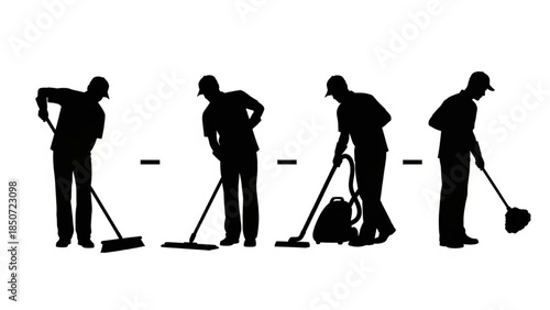 Black Cleaning Worker Silhouette Vector Set Showing Sweeping Mopping Vacuuming Dusting Tasks