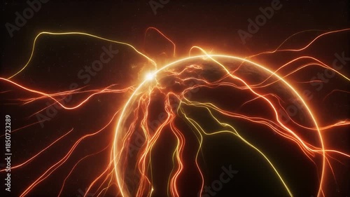 Cosmic Planet Energy Aura: Fiery Orbs and Electrical Discharge in Space