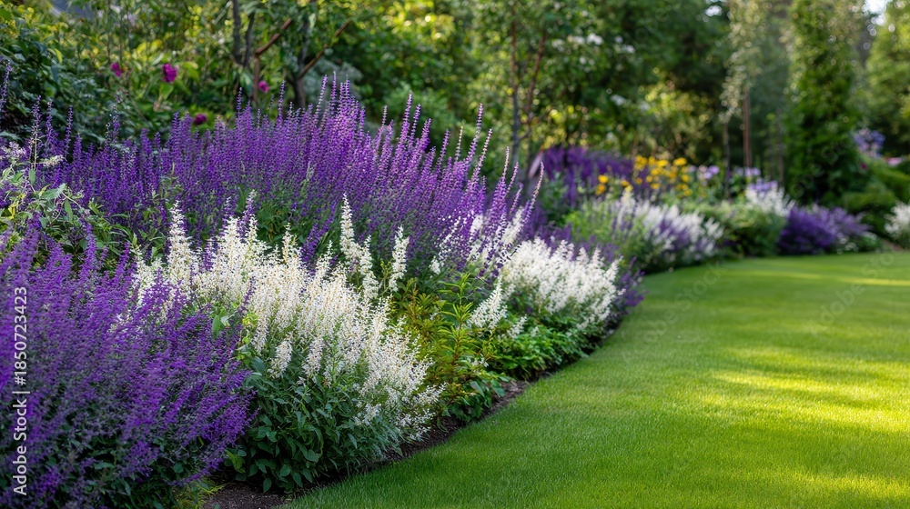 Obraz premium A vibrant garden bed, with rows of blooming purple and white flowers along a lush green lawn, edged by a curved pathway