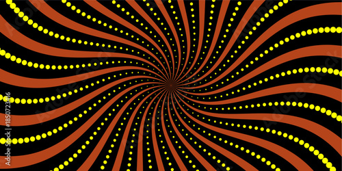 Abstract Sunburst Spiral Background with Yellow Dotted Rays and Orange Swirls