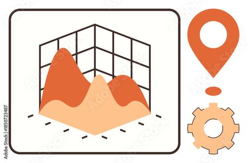 3D chart with grid, geolocation marker, and gear representing data visualization, analysis, decision-making, geolocation, development, workflow and usability. Ideal for simple flat metaphor