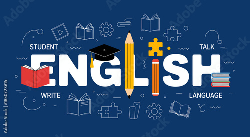 A dynamic and engaging illustration promoting the English language, with elements representing study, writing, and communication, emphasizing language importance in education.
