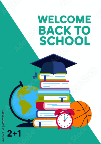 This vibrant and colorful illustration symbolizes the excitement of going back to school, showcasing a stack of books, a globe, and various educational elements in a fun way.