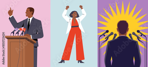 A vibrant representation of diverse individuals celebrating achievement and empowerment, conveying the energy and positivity around public speaking and inspiration.