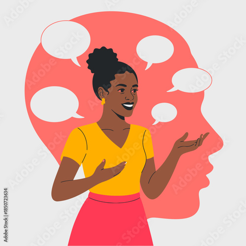 An animated depiction of a woman engaging in conversation, characterized by thought bubbles indicating communication and interaction, representing human connection and expression.