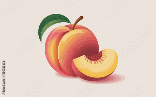 A vibrant, artistic depiction of a ripe peach with a fresh slice, including a green leaf, celebrating the delicious and healthy aspects of this popular fruit.