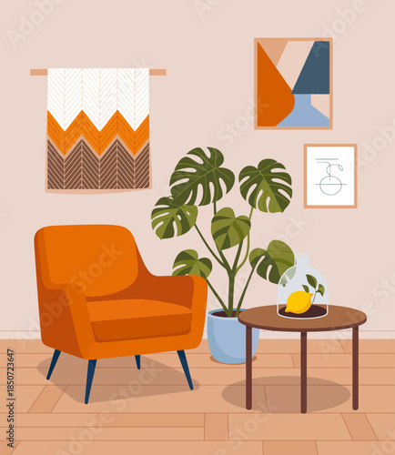 This stylish illustration showcases a cozy living room featuring a vibrant orange chair, green plants, and modern decorative elements, representing contemporary design and comfort.