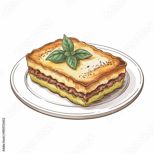 An appetizing illustration of a carefully crafted lasagna served on a plate with fresh basil leaves on top, showcasing culinary delight and Italian gastronomy.