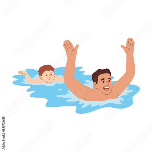 Two boys are happily swimming in a clear blue pool, representing the joy of childhood and carefree summer days in a dynamic and cheerful artistic style.