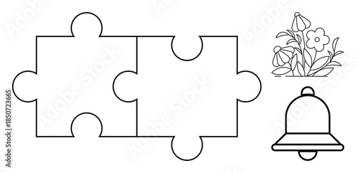 Problem-solving, teamwork, connection, nature, floral decoration, simplicity. Two jigsaw puzzle pieces, a bell and a floral decoration. Problem-solving and teamwork concept