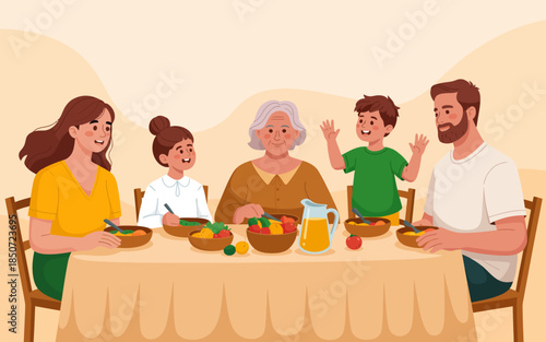 A warm illustration showing a family gathered at a table enjoying a meal together, symbolizing love, bonding, and the joy of sharing food and experiences as a unit.