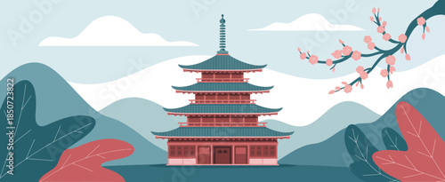 A stunning traditional pagoda nestled in vibrant landscapes, embodying cultural richness and historical significance amidst a backdrop of mountains and blossoms in spring.