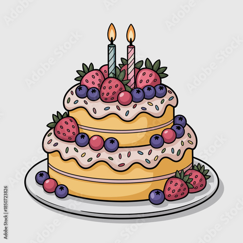 A beautifully designed birthday cake topped with strawberries and candles signifies celebration, joy, and sweetness, inviting everyone to indulge in a delightful treat.