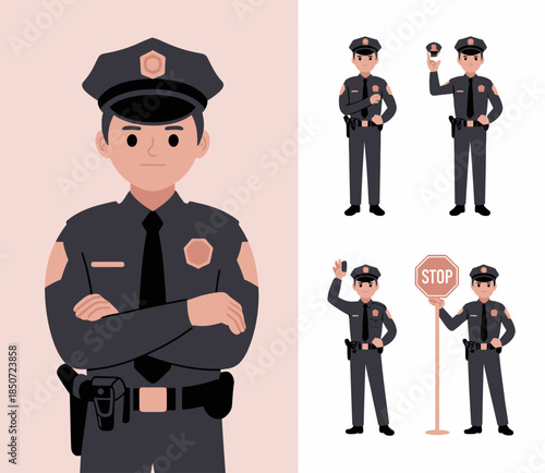 A cartoon depiction of a friendly police officer showcasing various poses and actions, highlighting duty, public safety, and community engagement in an accessible and inviting manner.