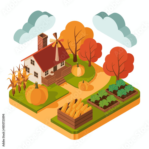 A vibrant autumn scene depicting a charming farmhouse surrounded by colorful trees and crops, symbolizing the beauty of fall harvest and rural living in a picturesque landscape.