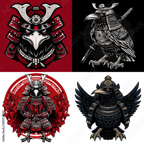 Detailed samurai bird warrior illustration with dramatic armor and powerful stance blending myth and tradition for bold mascot logos gaming art and collectible designs.