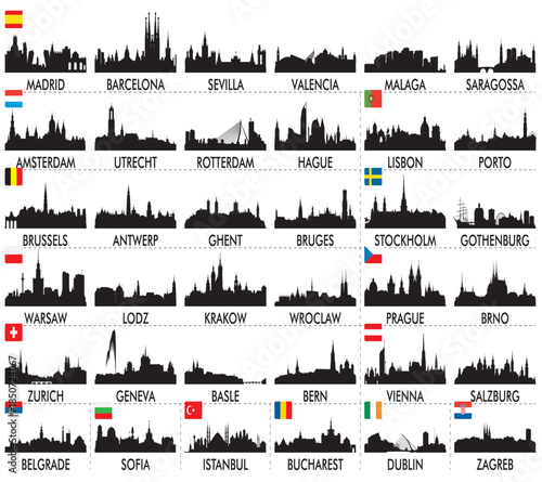 Large collection of European city skyline silhouettes featuring famous cities from Spain, Netherlands, Belgium, Poland, Switzerland, Austria, and more in clean black vector style