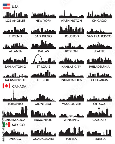 Set of North American city skyline silhouettes featuring major cities from the USA, Canada, and Mexico in clean black vector style, perfect for travel, urban, and graphic design projects
