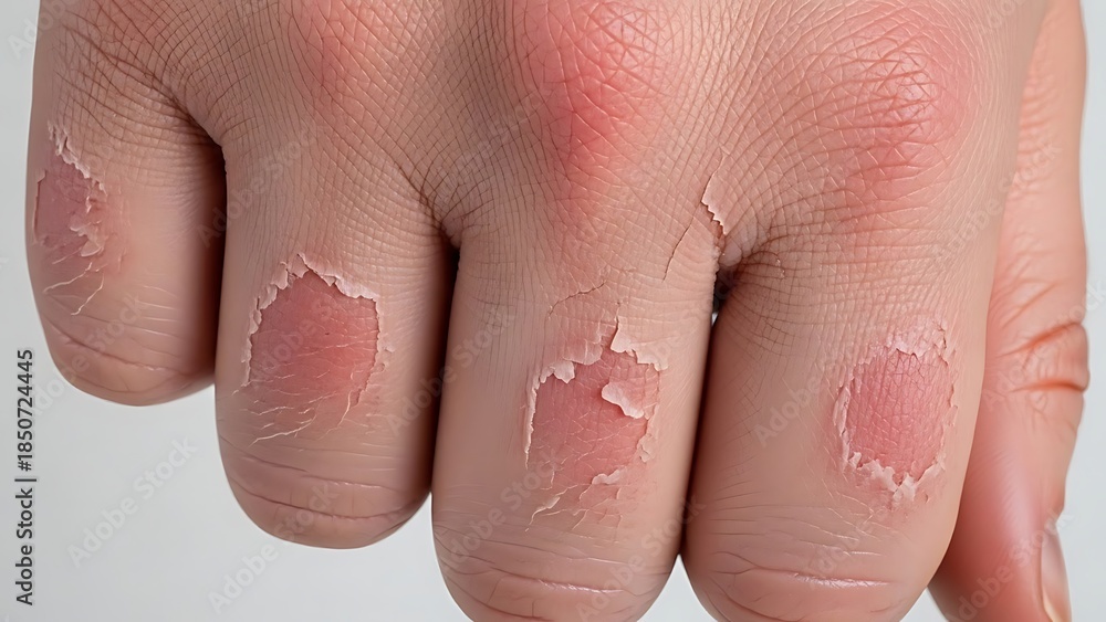 Fototapeta premium Close-up of dry, peeling skin on a persons fingers showing redness and irritation.