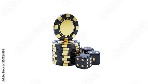 Casino Chips and Dice Stacked on White Background