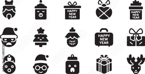 Collection of Christmas and New Year themed icons including gifts Santa Claus reindeer and festive ornaments Keywords: Christmas, New Year, icon, set, collection, gift box, present, Santa Claus