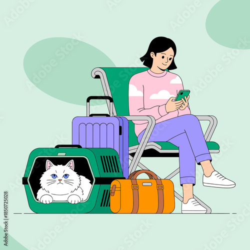 A woman sits comfortably with her cat in a travel carrier, surrounded by colorful luggage, reflecting the anticipation and excitement of traveling with pets.