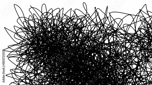 Abstract chaotic black scribble lines on white background, representing confusion and complexity.